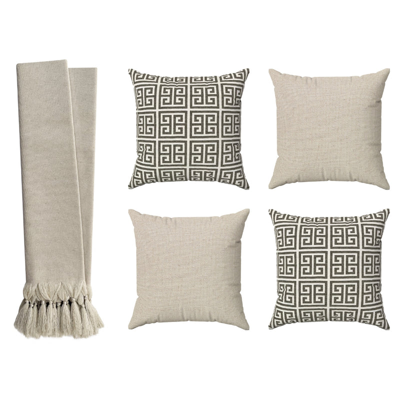 Kit Decoração Egípcia: Manta Bege + 4 Capas Luxuosas – Estilo e Aconchego