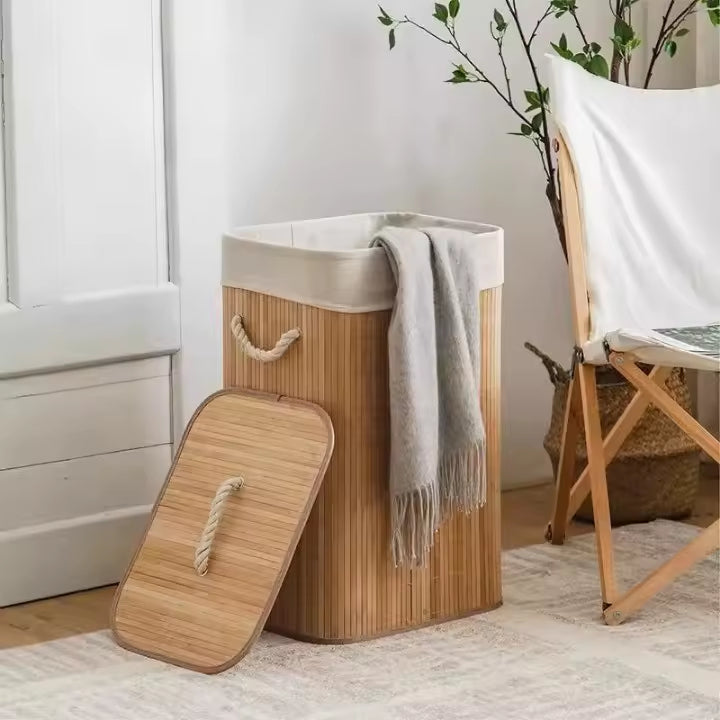 Cesto Organizador de Roupa em Bambu – Design Sofisticado com Tampa.