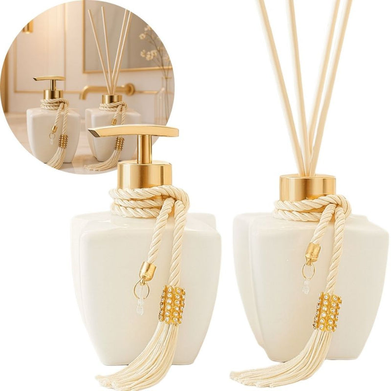 Kit Vidros Lavabo Branco Luxo C/ Enfeite Difusor E Sabonete