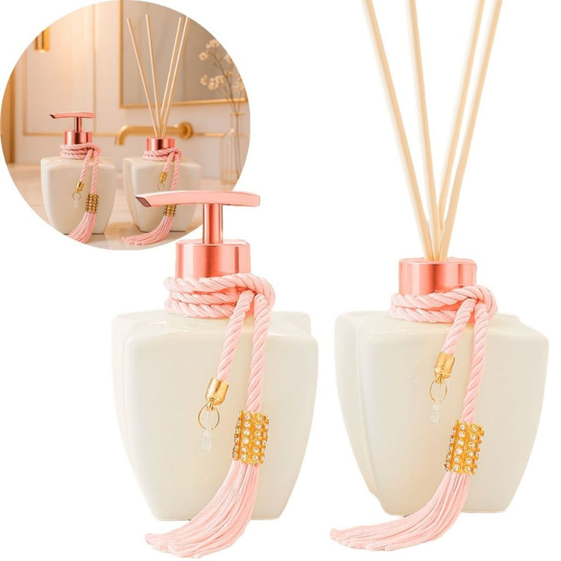 Kit Vidros Lavabo Branco Luxo C/ Enfeite Difusor E Sabonete