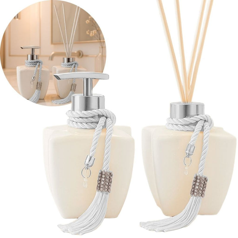 Kit Vidros Lavabo Branco Luxo C/ Enfeite Difusor E Sabonete