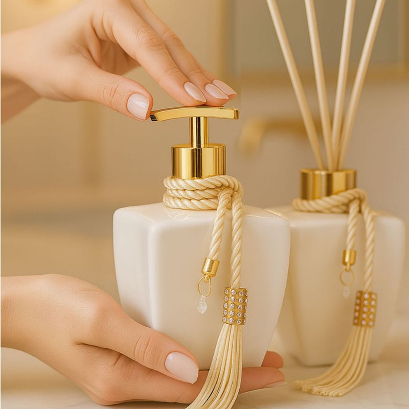 Kit Vidros Lavabo Branco Luxo C/ Enfeite Difusor E Sabonete