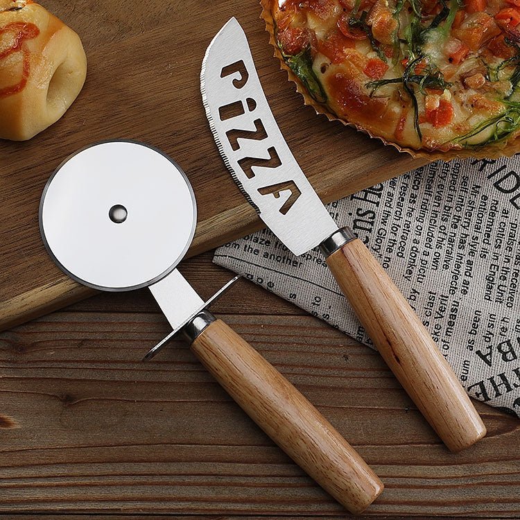 Kit Cortador De Pizza Em Inox Cabo Madeira